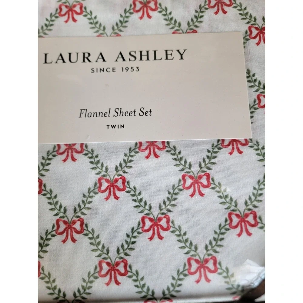 Laura‎ Ashley twin NEW bow trellis flannel bedsheet 3pc holiday Xmas home decor